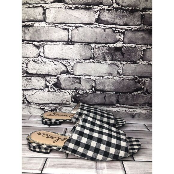 Sam Edelman Theodora Black White Checkered Fabric Slides Heel Sandals Women 9.5M - Picture 1 of 16
